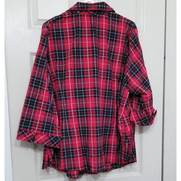Alia Red Black Plaid Collared Dress Shirt With Button Front 3/4 Length Sleeves - Picture 2 of 3